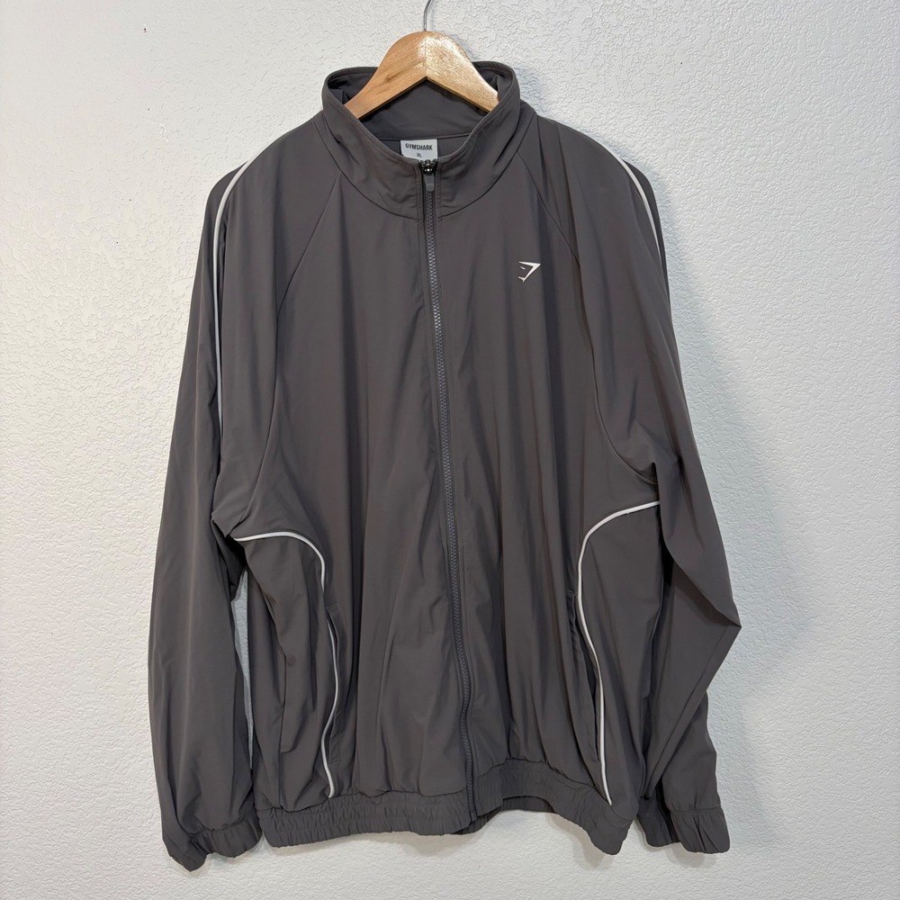 Gymshark Mens XL Track Jacket Gray White Piping Full Zip Athletic Windbreaker